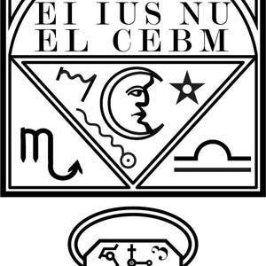 May include: Black and white illustration of a symbol with the text "EIUS NU EL CEBM" and astrological symbols including a crescent moon, a star, a scorpion, and a scale.