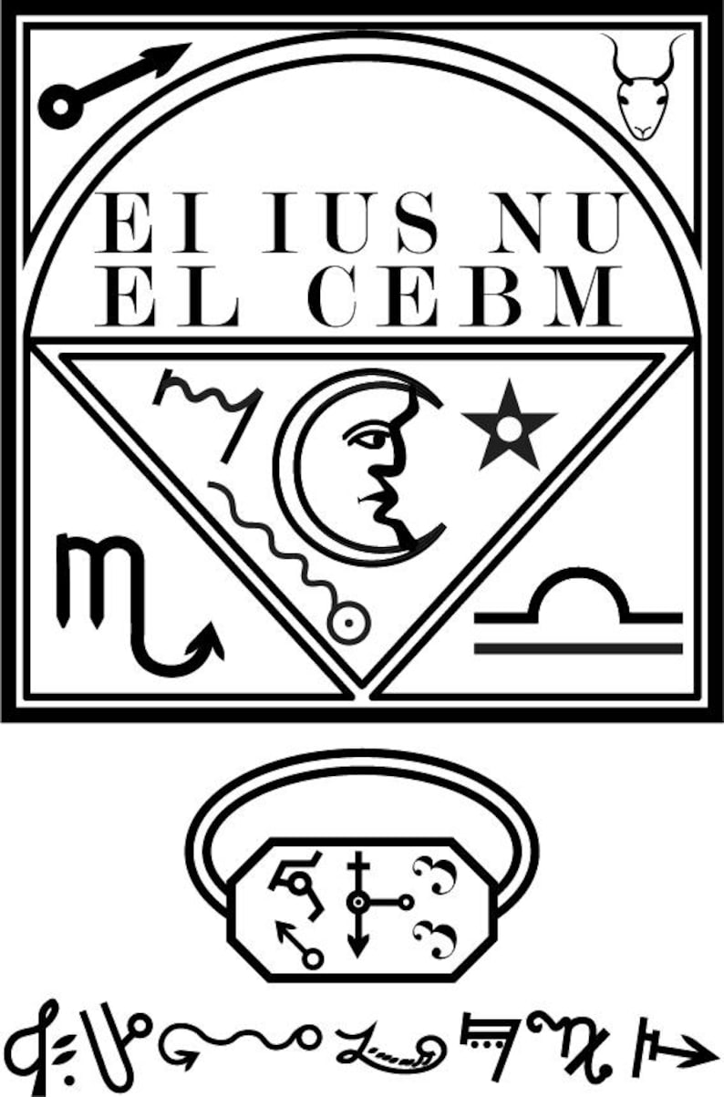 May include: Black and white illustration of a symbol with the text "EIUS NU EL CEBM" and astrological symbols including a crescent moon, a star, a scorpion, and a scale.