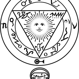 May include: A black and white illustration of a circle with a triangle inside. The circle has a variety of symbols and letters around the edge, including the letters "M", "S", "Y", and "7". The triangle has a sun with a face inside. The sun has rays coming out of it. There is a key symbol at the bottom of the circle. Below the circle is a black and white illustration of a keyhole with a design inside. Below the keyhole is a row of black and white symbols.