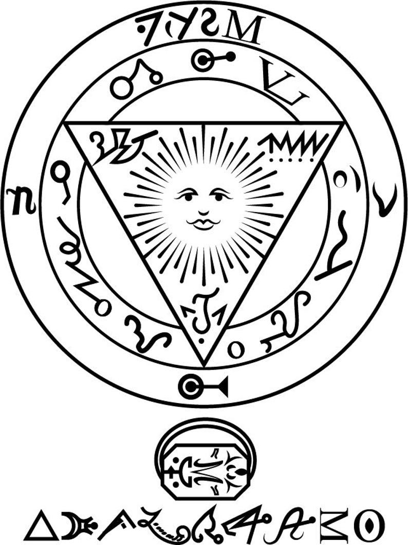 May include: A black and white illustration of a circle with a triangle inside. The circle has a variety of symbols and letters around the edge, including the letters "M", "S", "Y", and "7". The triangle has a sun with a face inside. The sun has rays coming out of it. There is a key symbol at the bottom of the circle. Below the circle is a black and white illustration of a keyhole with a design inside. Below the keyhole is a row of black and white symbols.