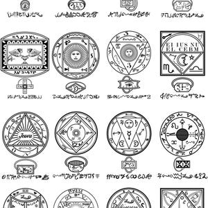 May include: A collection of 20 black and white illustrations of various symbols and sigils. Each symbol is surrounded by a circle or square frame and includes text in a variety of languages. The symbols are reminiscent of ancient magic and alchemy.