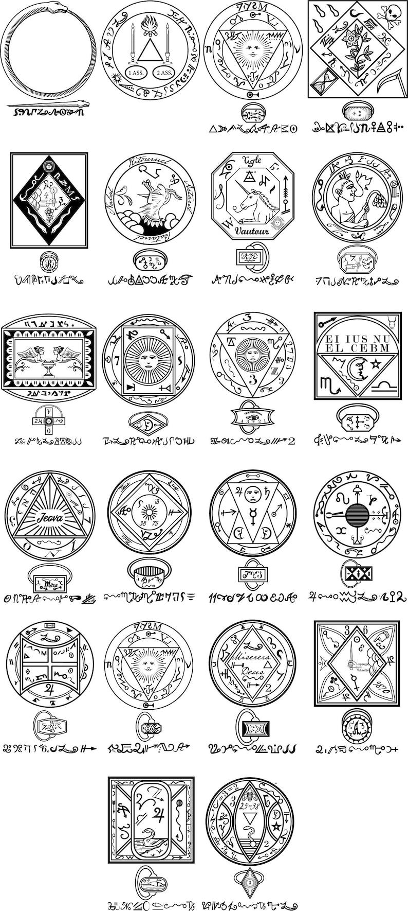 May include: A collection of 20 black and white illustrations of various symbols and sigils. Each symbol is surrounded by a circle or square frame and includes text in a variety of languages. The symbols are reminiscent of ancient magic and alchemy.