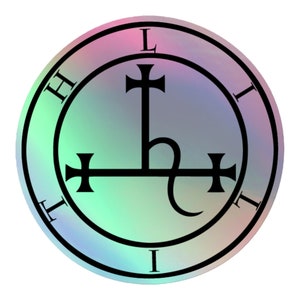May include: A circular, iridescent sticker with a black sigil design. The design includes a cross, a curved line, and the letters "H", "L", and "I" around the outer edge. The background has a gradient of pink, green, and blue.