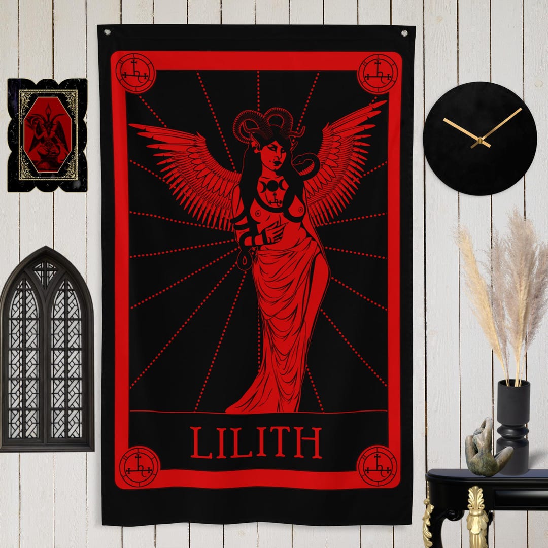 Satanic Lilith Tarot Card Red & Black Wall Tapestry 5×3' | Goth