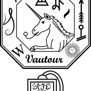 May include: A black and white illustration of a unicorn with a horn, a triangle, and the words "Vautour" and "Vigle" in a black octagon.