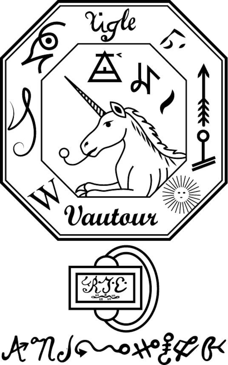 May include: A black and white illustration of a unicorn with a horn, a triangle, and the words "Vautour" and "Vigle" in a black octagon.
