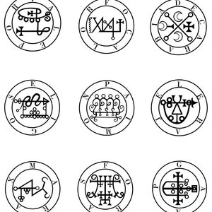 May include: Nine black and white circular seals with various symbols and letters. The seals are arranged in a 3x3 grid.