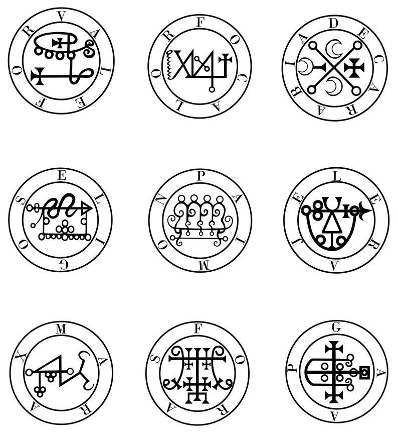 May include: Nine black and white circular seals with various symbols and letters. The seals are arranged in a 3x3 grid.