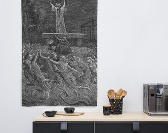Satanic Lucifer Dance of the Sabbath Zwart-wit wandtapijt 5×3' | Goth Home-kamerdecoratie | Gotische decoratie occulte vlag