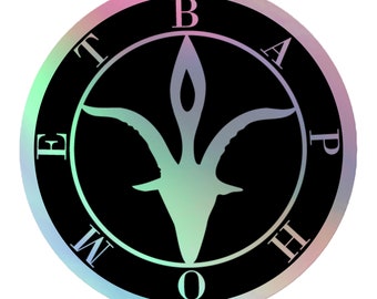 Puede incluir: Una pegatina redonda y holográfica con fondo negro. Presenta una cabeza de cabra estilizada dentro de un círculo, con las letras "E T B A P M O H" alrededor. La cabeza de cabra y el círculo tienen un degradado verde y azul.