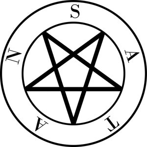 May include: A black and white pentagram with a circle around it. The circle has the letters N, A, T, and S around it.