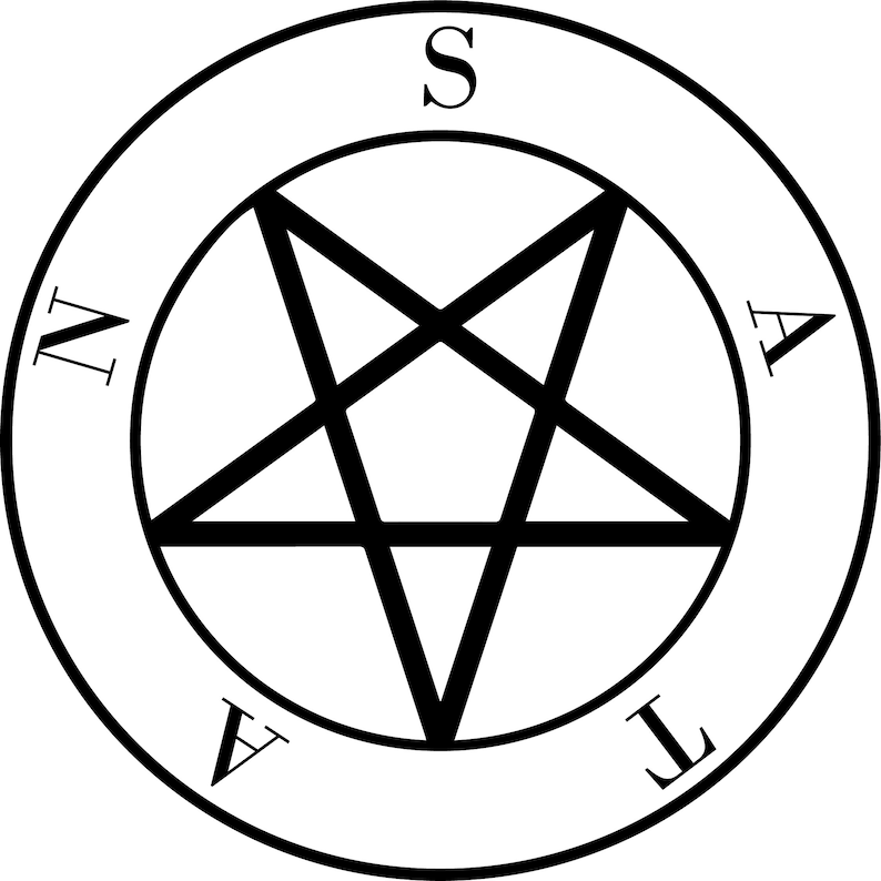 May include: A black and white pentagram with a circle around it. The circle has the letters N, A, T, and S around it.