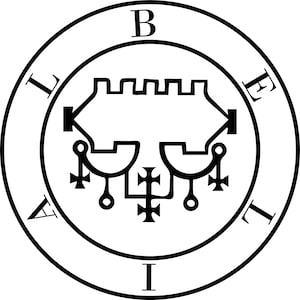 May include: Black and white illustration of a sigil with the letters "BELIAL" surrounding a complex geometric design. The sigil is surrounded by a circle with the letter "I" at the bottom.