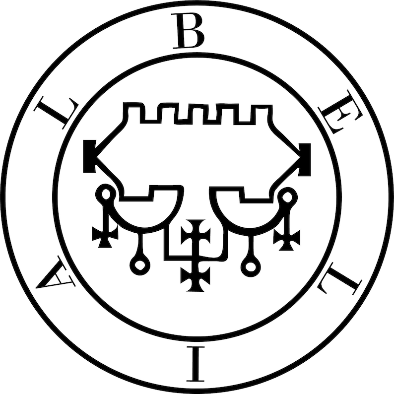 May include: Black and white illustration of a sigil with the letters "BELIAL" surrounding a complex geometric design. The sigil is surrounded by a circle with the letter "I" at the bottom.