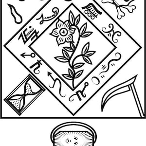 May include: Black and white illustration of a complex symbol with a skull, hourglass, scythe, flower, and other geometric shapes. The symbol is surrounded by a square frame. The text "Sn" is written below the symbol.