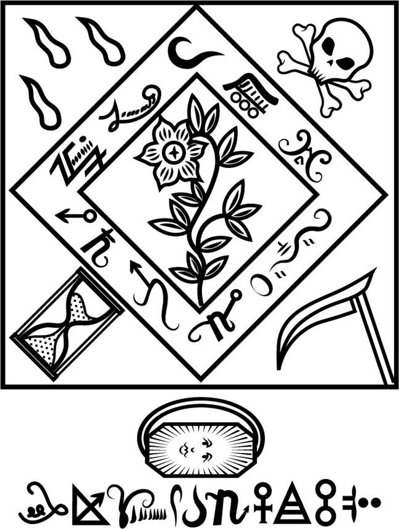 May include: Black and white illustration of a complex symbol with a skull, hourglass, scythe, flower, and other geometric shapes. The symbol is surrounded by a square frame. The text "Sn" is written below the symbol.