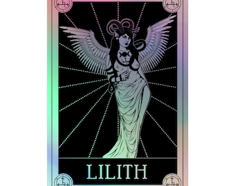 May include: A holographic tarot card featuring a black and white illustration of Lilith. The artwork depicts a woman with horns, wings, and a snake, set against a black background with radiating lines. The card has a colorful, iridescent border.