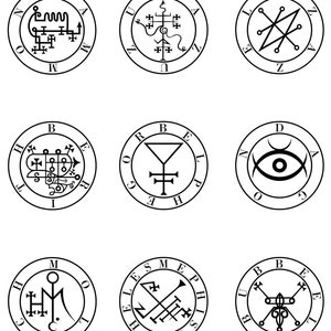 May include: Nine black and white circular seals with various symbols and letters. The seals are arranged in a 3x3 grid.