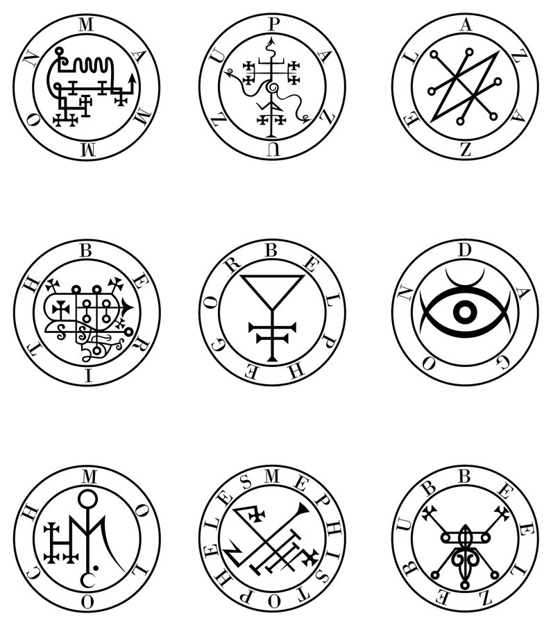 May include: Nine black and white circular seals with various symbols and letters. The seals are arranged in a 3x3 grid.