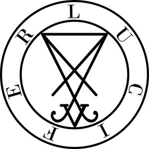 May include: A black and white illustration of a sigil with the letters "LUCIFER" surrounding a triangle with a cross inside.