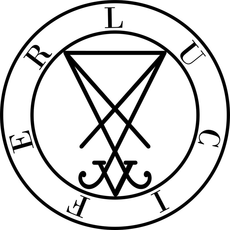 May include: A black and white illustration of a sigil with the letters "LUCIFER" surrounding a triangle with a cross inside.