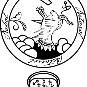 May include: Black and white illustration of a goat with wings, surrounded by a circle with the text "Ritournel", "Nabol", and "Balture" in a stylized font. The circle also contains a symbol that looks like a key and a symbol that looks like an anchor.