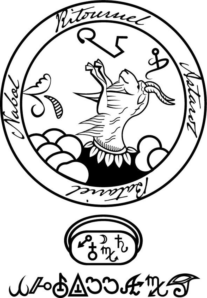 May include: Black and white illustration of a goat with wings, surrounded by a circle with the text "Ritournel", "Nabol", and "Balture" in a stylized font. The circle also contains a symbol that looks like a key and a symbol that looks like an anchor.
