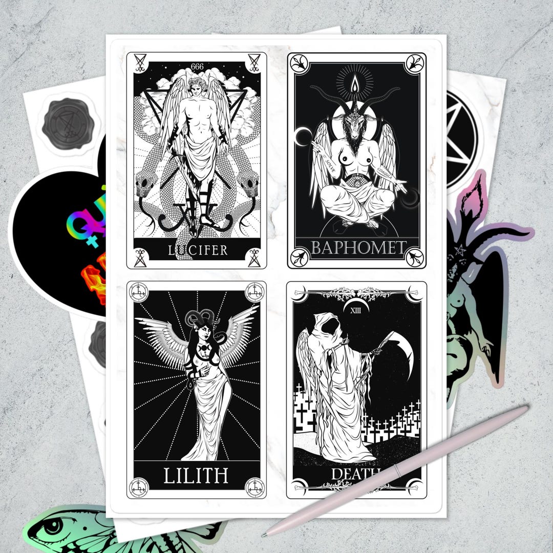 Satanic Tarot Sticker Sheet 4 Pack | Lucifer Baphomet Lilith Death ...