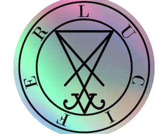 May include: A round, iridescent sticker with a black sigil design. The design includes a triangle, intersecting lines, and the letters "E", "R", "L", "U", "C", "I", and "F" around the edge. The background has a gradient of green, purple, and blue.