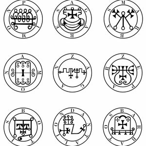 May include: Nine black and white circular seals with various symbols and letters. The seals are arranged in a 3x3 grid.