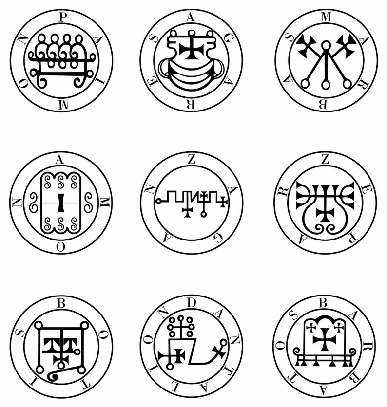 May include: Nine black and white circular seals with various symbols and letters. The seals are arranged in a 3x3 grid.
