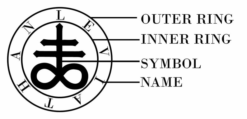 May include: A black and white symbol with an upside-down cross and an infinity symbol. The symbol is surrounded by a circle with the letters "LEVIATHAN" written around it.