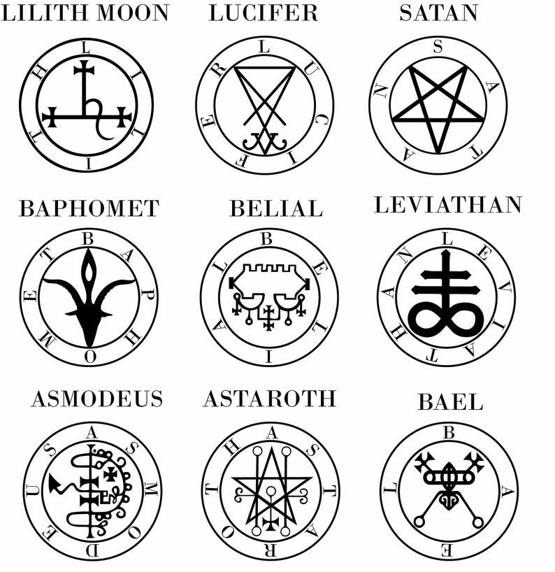 May include: A black and white illustration of nine different sigils, each with a unique design and surrounded by a circle with letters. The sigils are labeled with the names Lilith Moon, Lucifer, Satan, Baphomet, Belial, Leviathan, Asmodeus, Astaroth, and Bael.
