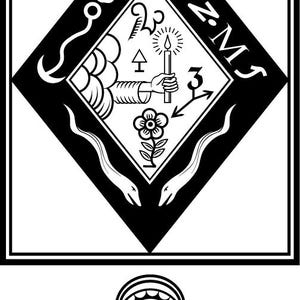 May include: Black and white illustration of a diamond shape with a sun, a flower, a hand holding a candle, and two snakes. The text "N.Z.M.S." is written around the diamond. Below the diamond is a circle with the letter "R" inside. The text "U.M.B.R.A.S." is written below the circle.