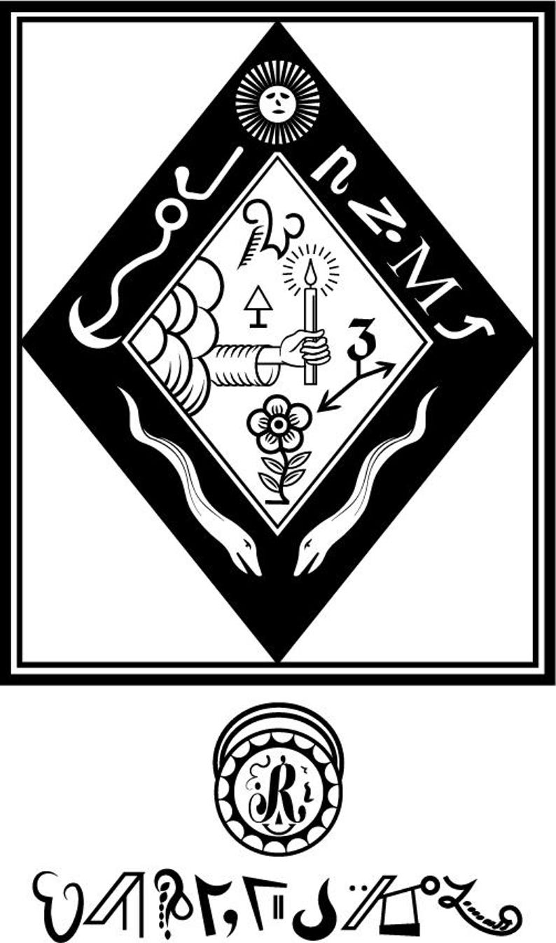 May include: Black and white illustration of a diamond shape with a sun, a flower, a hand holding a candle, and two snakes. The text "N.Z.M.S." is written around the diamond. Below the diamond is a circle with the letter "R" inside. The text "U.M.B.R.A.S." is written below the circle.