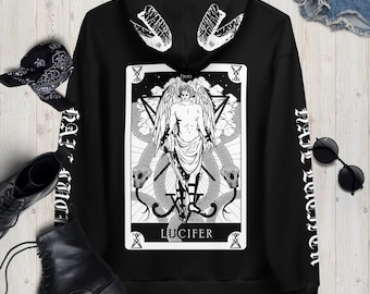 Lucifer Tarot Hoodie Satanic Sigil Black Sweater | Custom Gothic Devil Occult Hoodies | Goth Oracle Unisex Horned Satan Hooded Sweatshirt