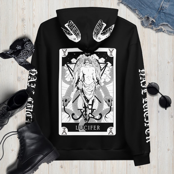 Lucifer Tarot Hoodie Pull noir sigil satanique | Sweats à capuche gothique diable occulte personnalisés | Sweat à capuche unisexe Satan à cornes gothiques Oracle