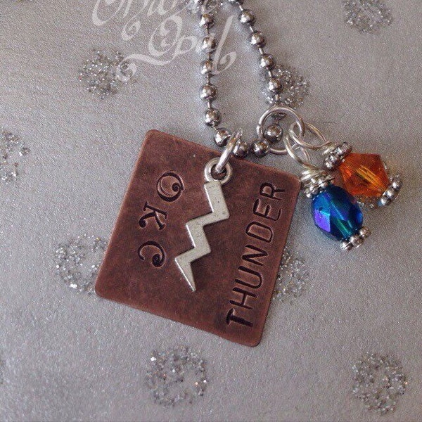 OKC Thunder basketball hand-stamped beaded necklace with lightening bolt charm and colored crystals. #thunder