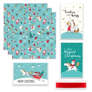Unicorn Christmas Wrapping Paper, Cards, Ribbon, Xmas Wrapping Paper Bundle for Girls