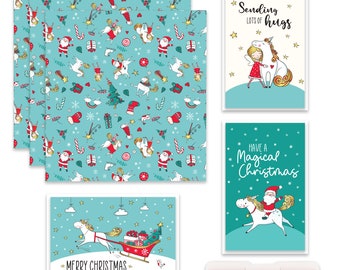 Unicorn Christmas Wrapping Paper Bundle, Cards, Ribbon