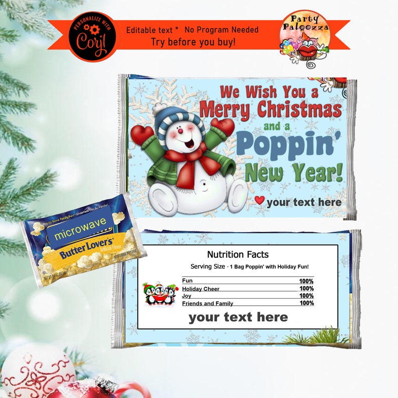 Printable Snowman Popcorn Wrapper Etsy