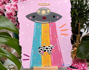 Kawaii UFO Painting / Cow Abduction Acrylic Painting / Quirky Wall Art / Rainbow Home Decor