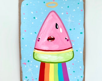 Kawaii Watermelon Slice Original Acrylic Painting / Pop Surreal Quirky Wall Art / Unique Handmade Gift / Kitsch Upcycled Recycled Artwork