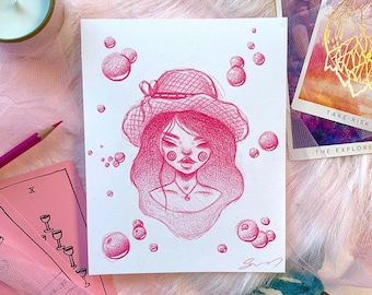Drawing Of A Girl Original Colored Pencil Sketch / Cute Pink Illustration / Quirky One Of A Kind Gift