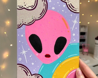Kawaii Alien Painting • Spooky Season • Halloween Wall Art • Original Art • Acrylic Painting • Upcycled Art • UFO • Rainbow • Surreal Art