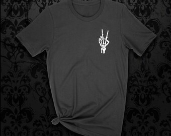 Skeleton Peace Sign Pocket Unisex Black Tshirt