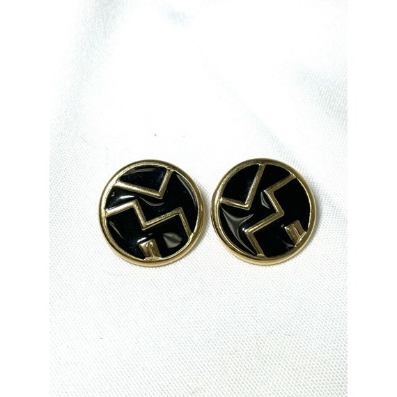 Monet Signed Round Gold Tone Black Stud Earrings Abstract Modern Design