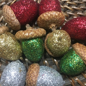 10 Red, Green, Silver, or Gold Glittered Acorn Ornaments or Bowl/Vase Fillers for Christmas or Holiday Decorating.