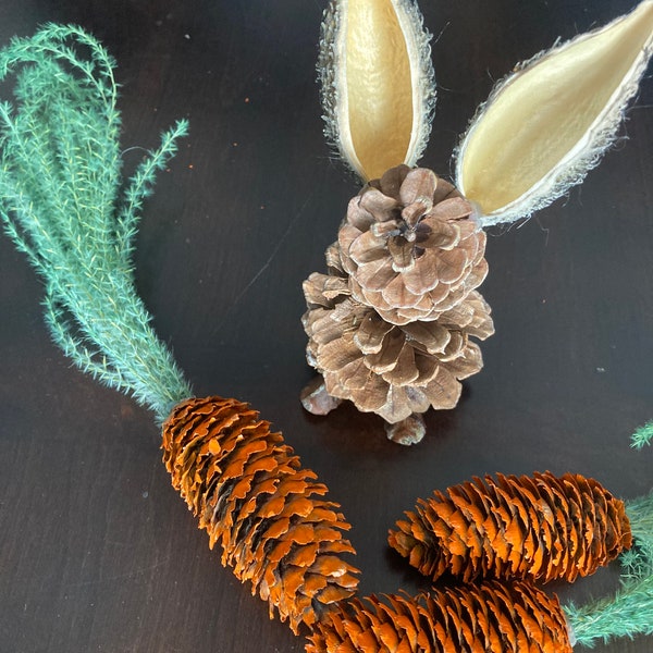 Pine cone bunny with pine cone carrots.  Easter bunny decoration.  Natural decor.