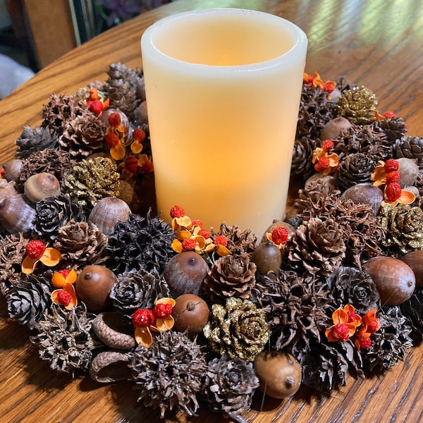 9”-10” acorn, pine cone, sweet gum, and bittersweet mini wreath, candle ring,  or table centerpiece for fall/Thanksgiving decorating.